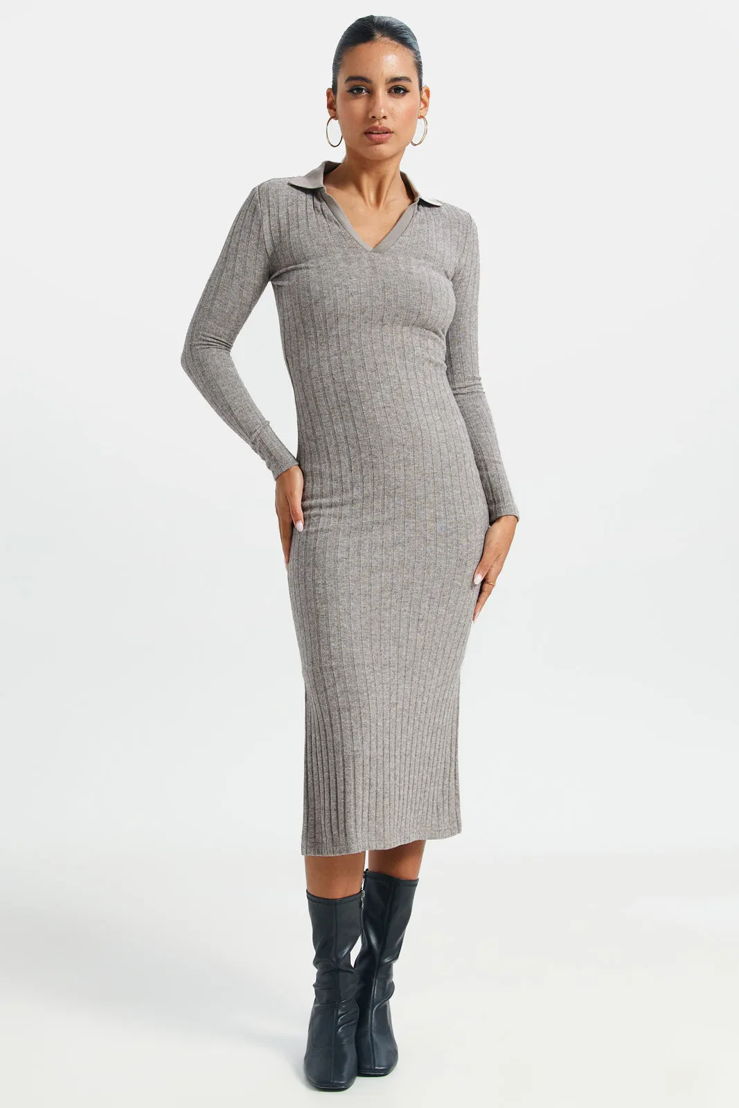 Women Grey Collared Rib Dress