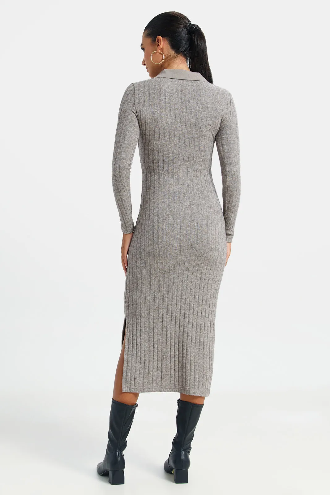 Women Grey Collared Rib Dress