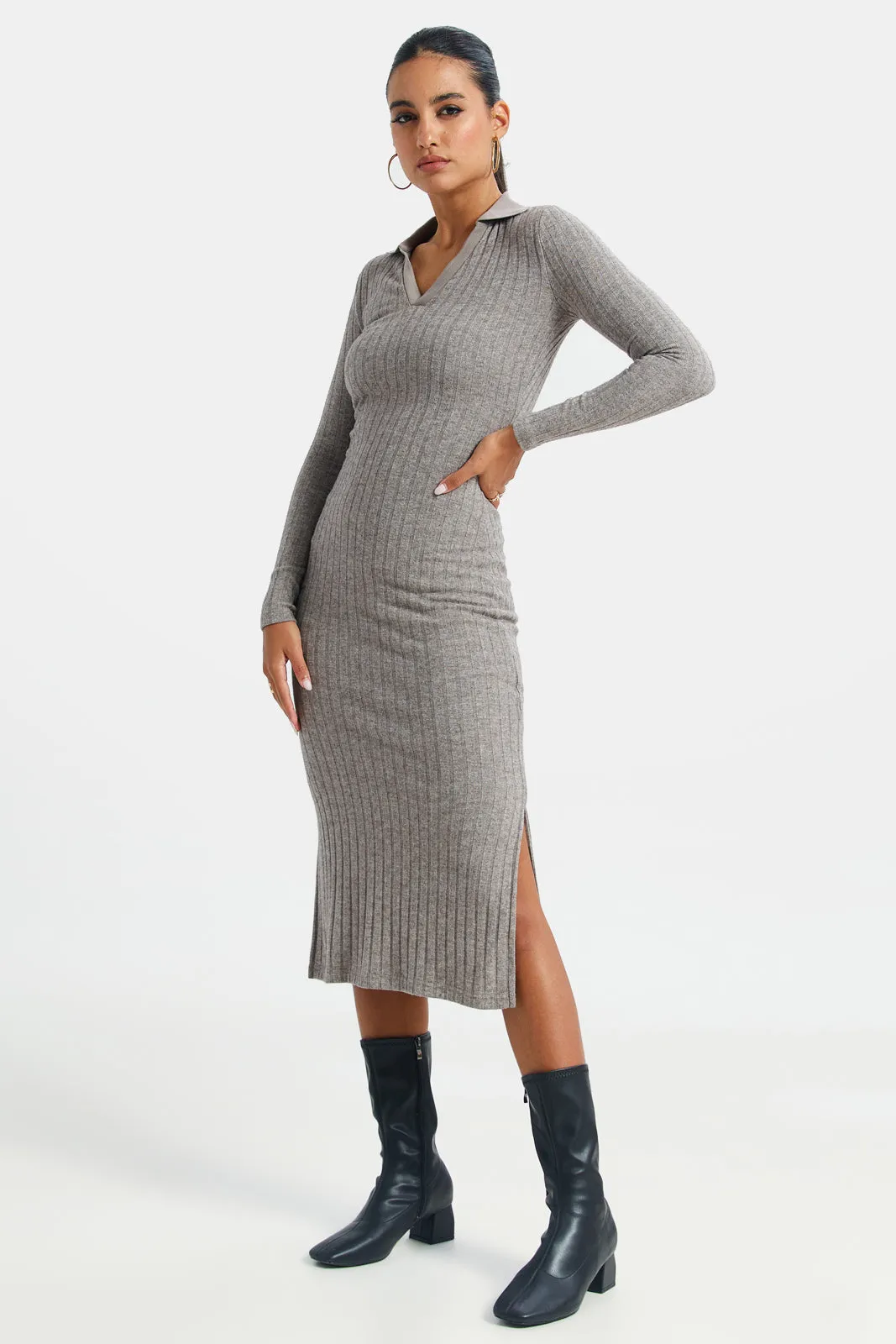 Women Grey Collared Rib Dress