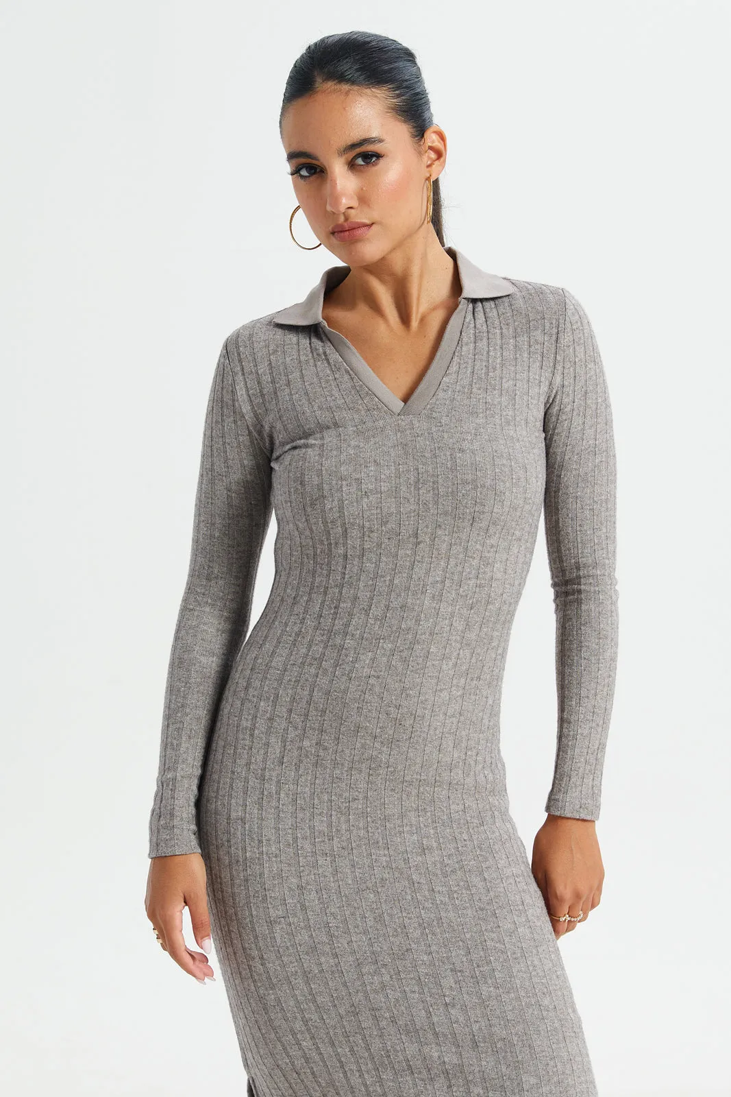 Women Grey Collared Rib Dress