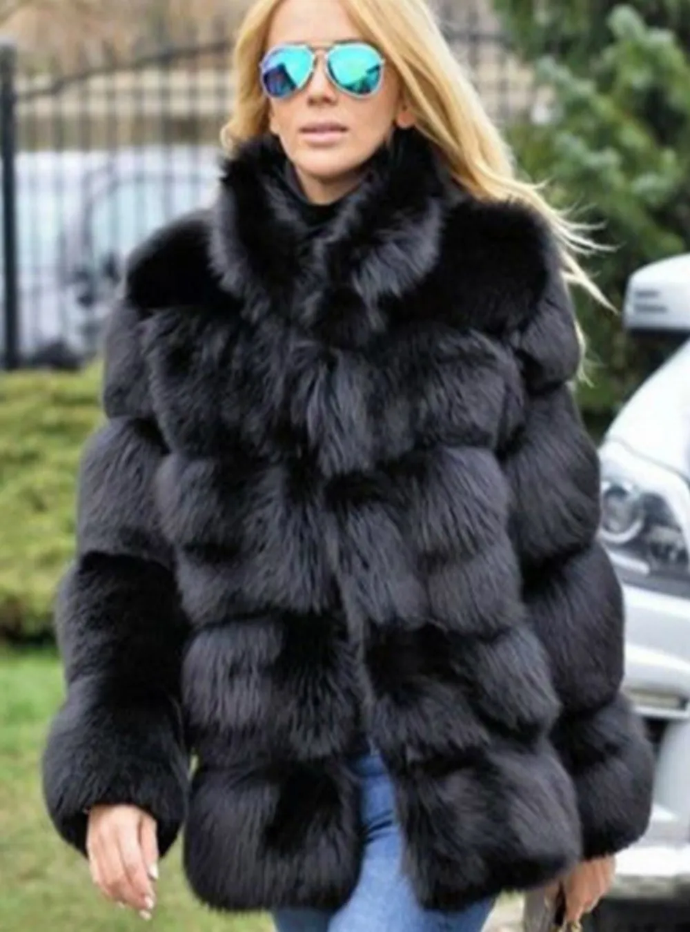 Women Winter Short Long Sleeve Faux Fox Fur Coat