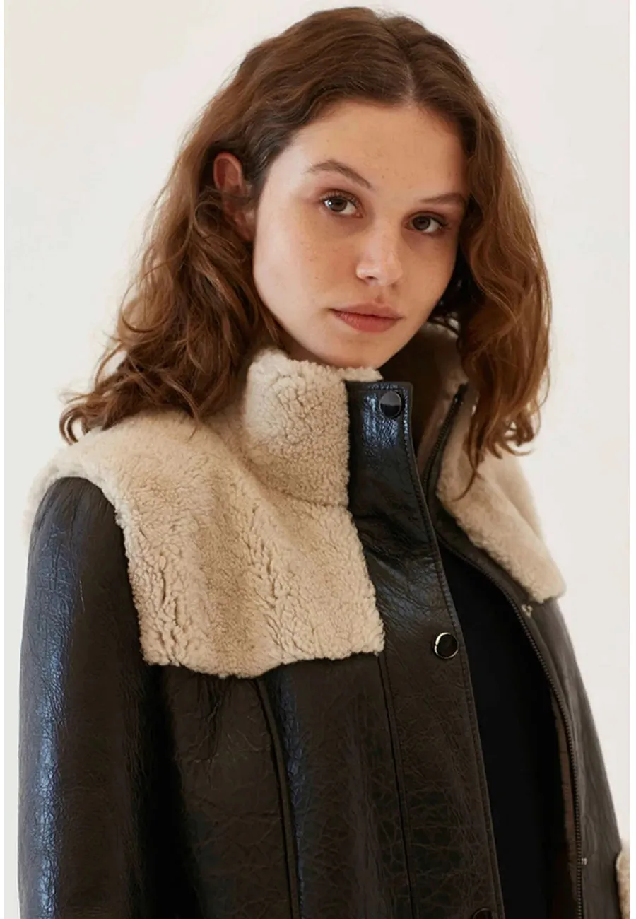 Women's Black Leather Shearling Long Coat