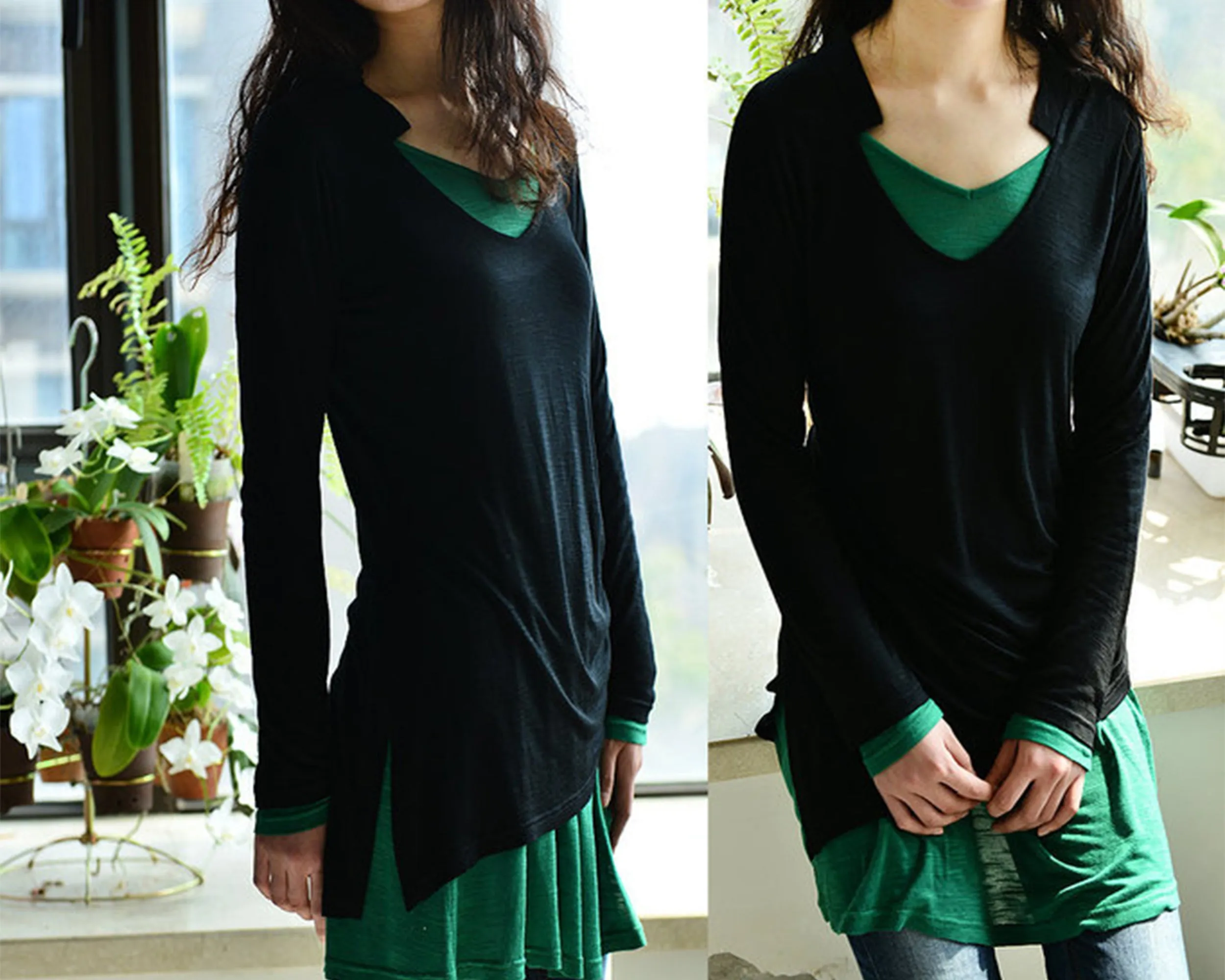 Women's cotton tunic top/asymmetrical tunic dress/plus size top/v-neck tunic dress/two pieces dress/long sleeve t-shirt Q0078