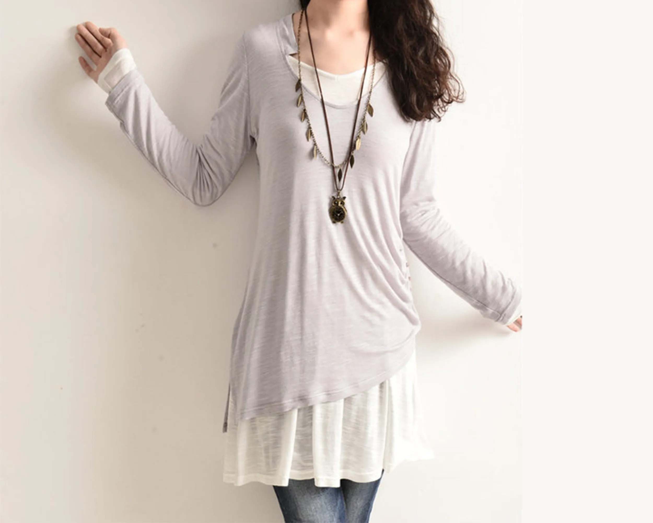 Women's cotton tunic top/asymmetrical tunic dress/plus size top/v-neck tunic dress/two pieces dress/long sleeve t-shirt Q0078