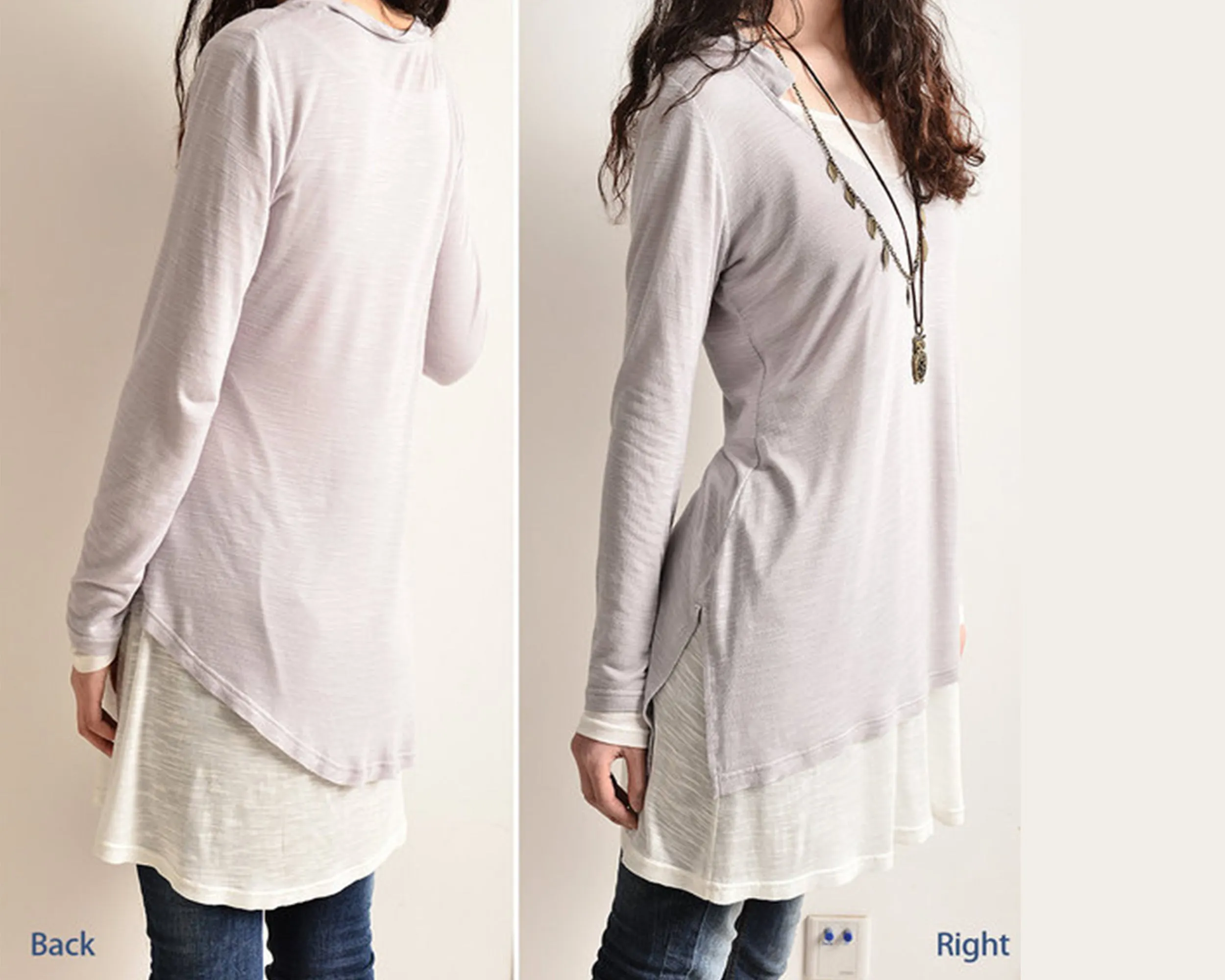 Women's cotton tunic top/asymmetrical tunic dress/plus size top/v-neck tunic dress/two pieces dress/long sleeve t-shirt Q0078