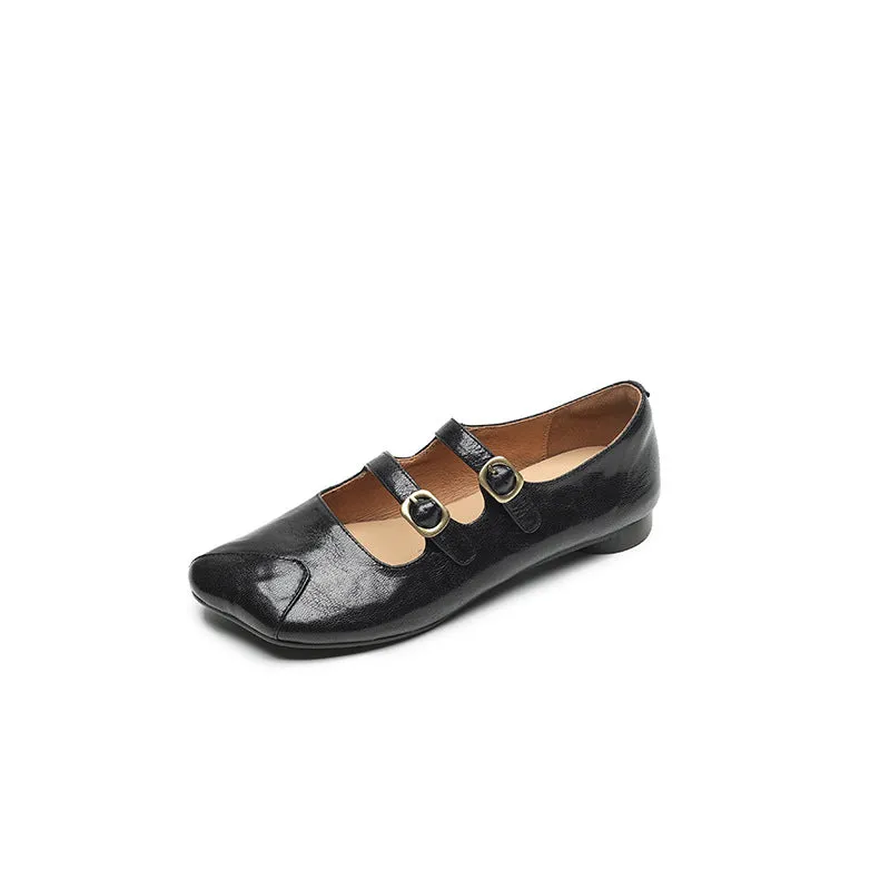 Women's Square Toe Sheepskin Mary Jane Flats Double Strappy Flat Shoes in Brown/Black