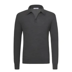 Wool Sweater Polo Shirt in Dark Grey Melange