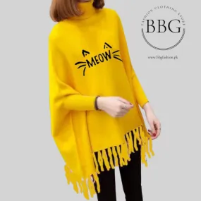 Yellow Meow Printed Poncho