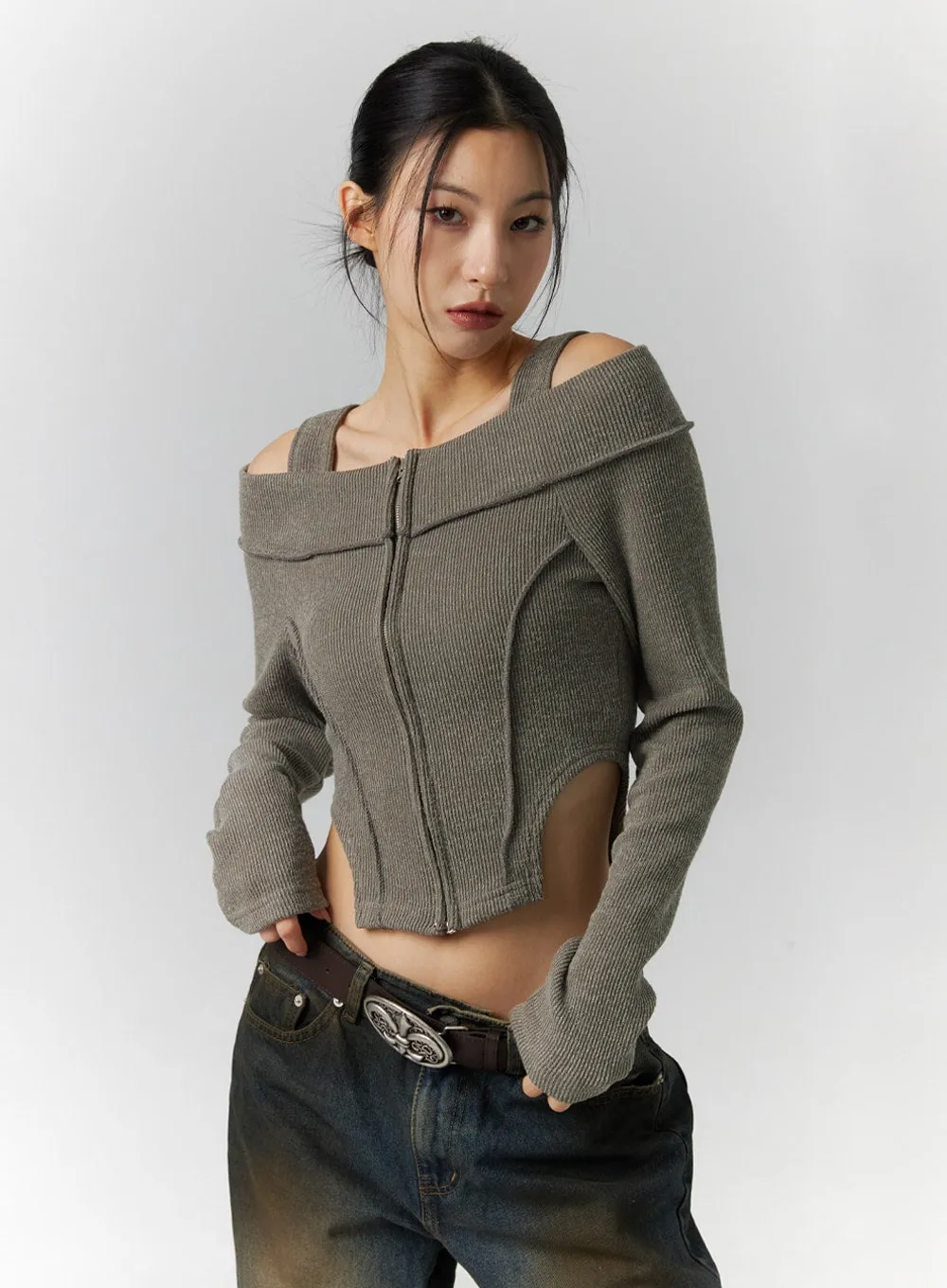 Zip Cut Out Off Shoulder Crop Sweater ID306